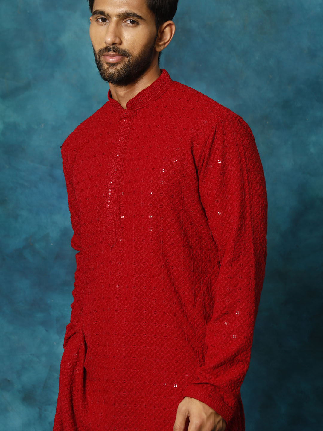 Men's Maroon Rayon Schiffli Kurta And Pant Set