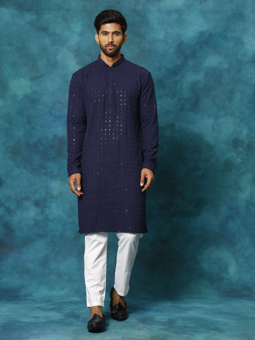 Men's Navy Blue Rayon Schiffli Kurta And Pant Set