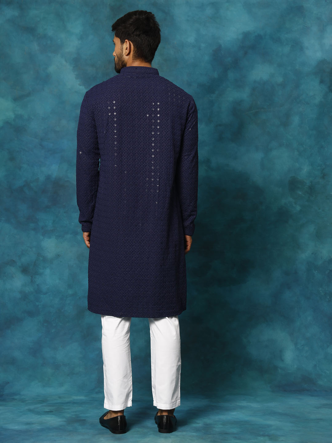 Men's Navy Blue Rayon Schiffli Kurta And Pant Set