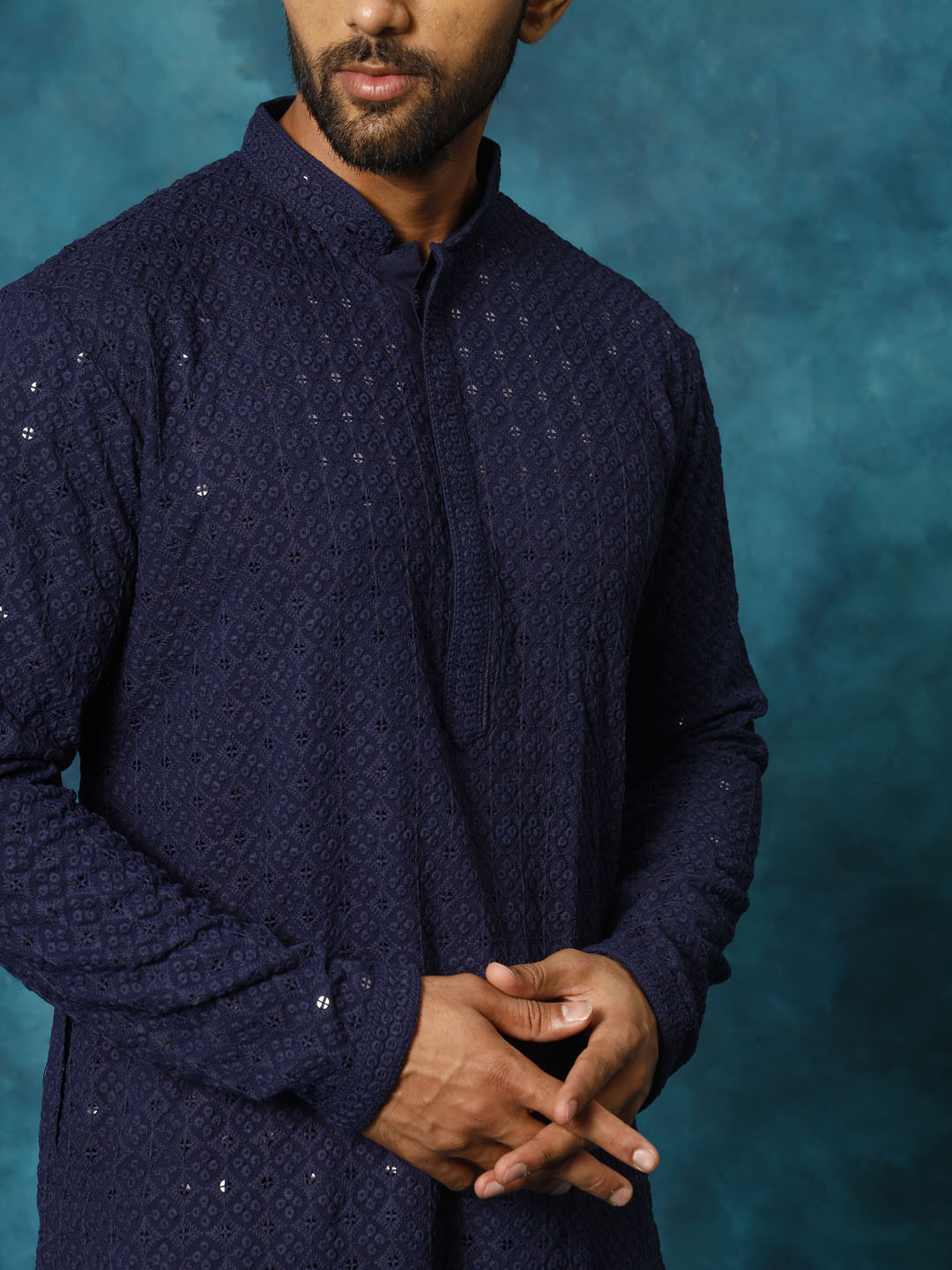 Men's Navy Blue Rayon Schiffli Kurta And Pant Set