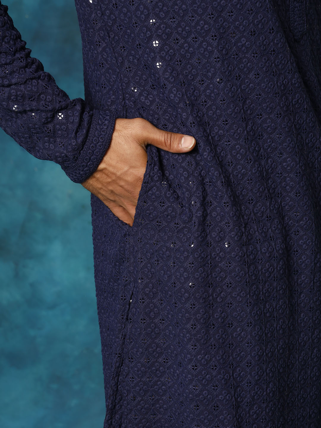 Men's Navy Blue Rayon Schiffli Kurta And Pant Set