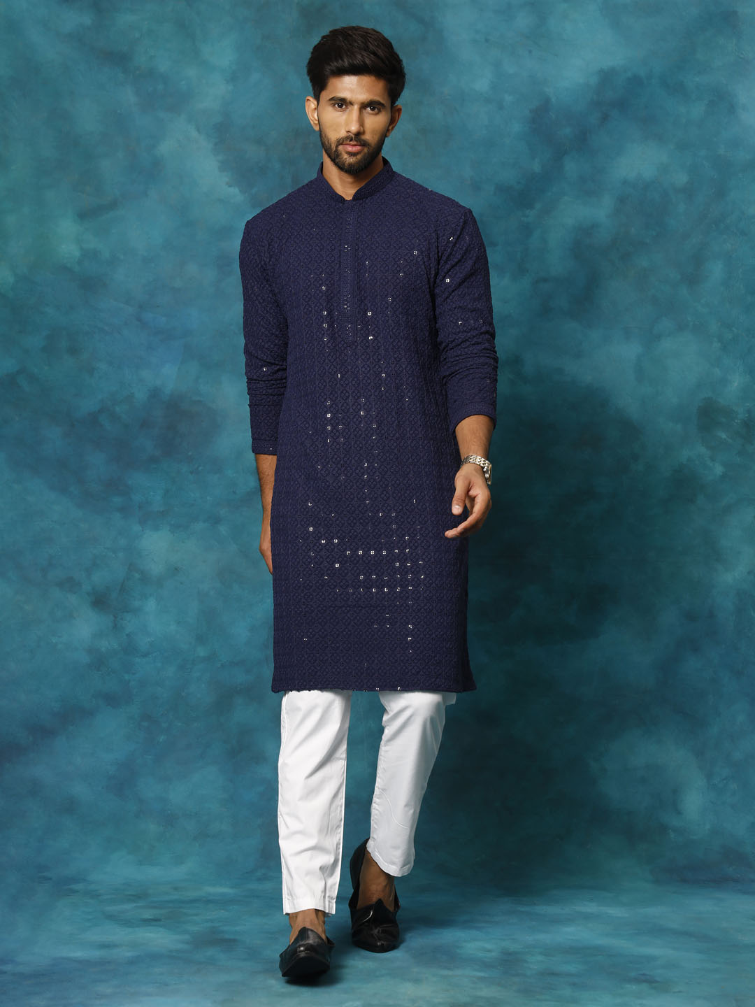 Men's Navy Blue Rayon Schiffli Kurta And Pant Set
