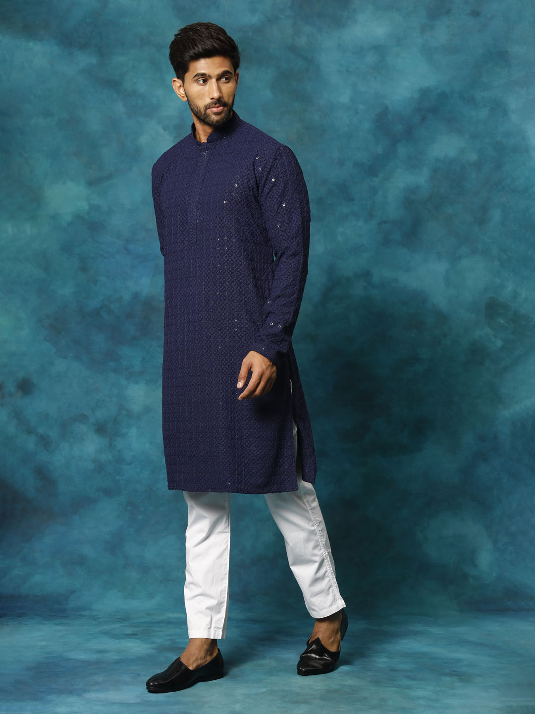 Men's Navy Blue Rayon Schiffli Kurta And Pant Set