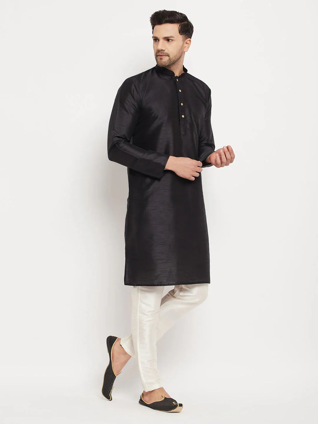 Men's Black Silk Blend Kurta And Cream Pant Style Pyjama Set