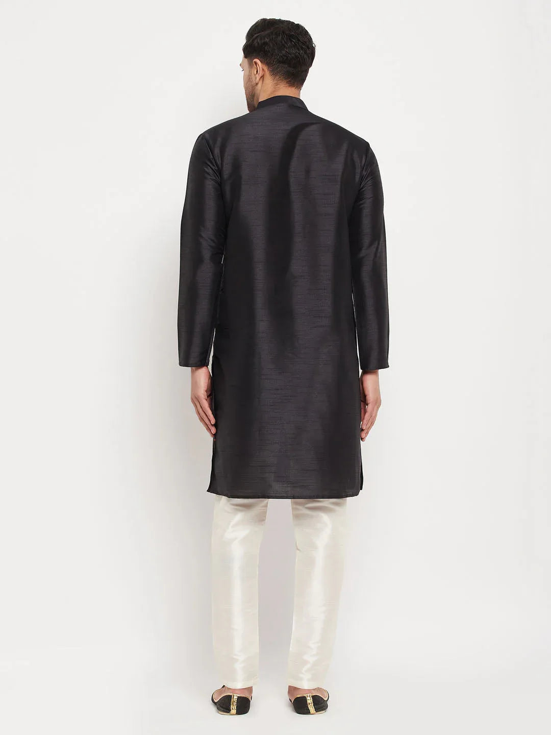 Men's Black Silk Blend Kurta And Cream Pant Style Pyjama Set