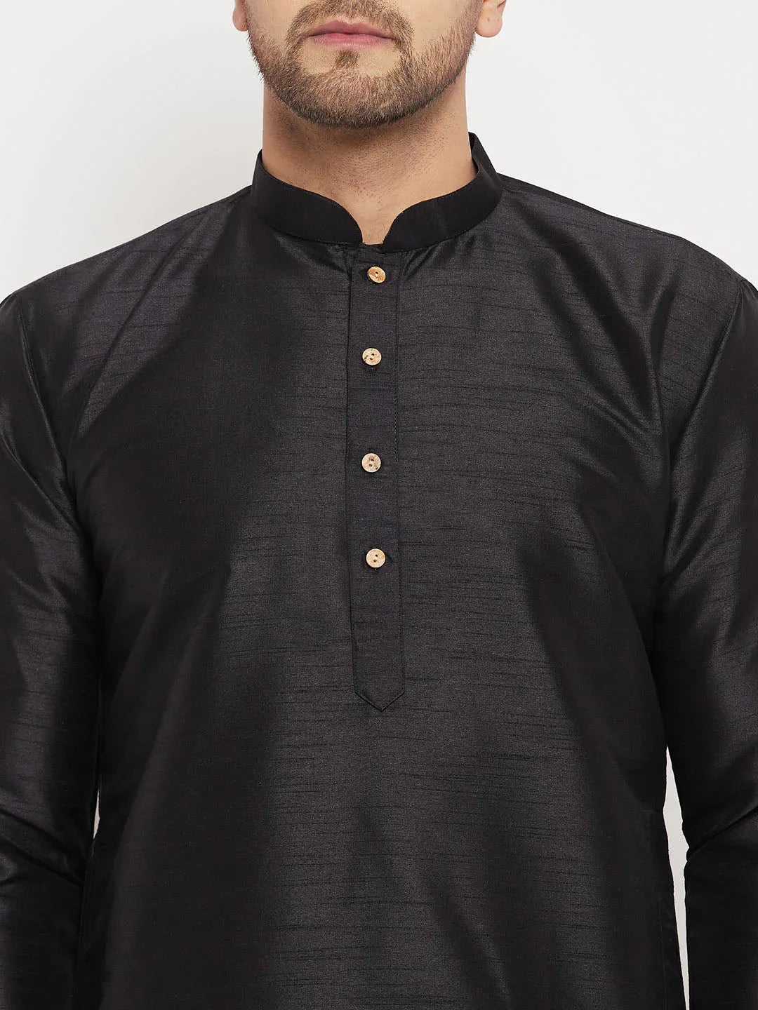 Men's Black Silk Blend Kurta And Cream Pant Style Pyjama Set