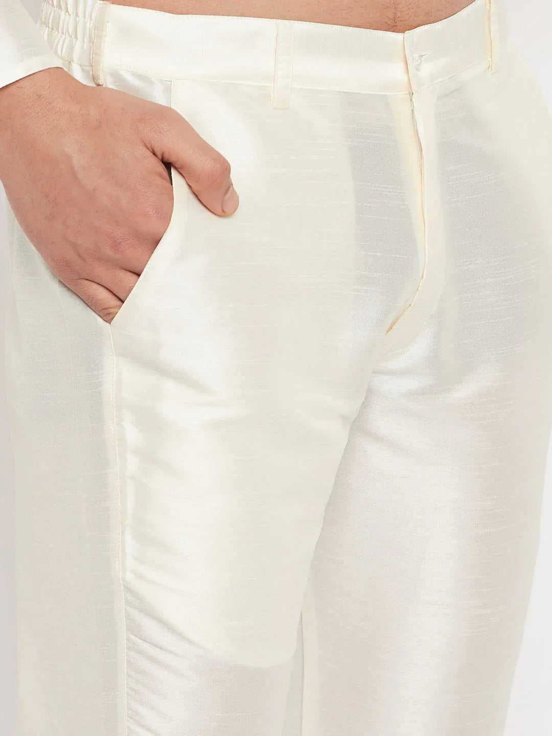 Men's Black Silk Blend Kurta And Cream Pant Style Pyjama Set