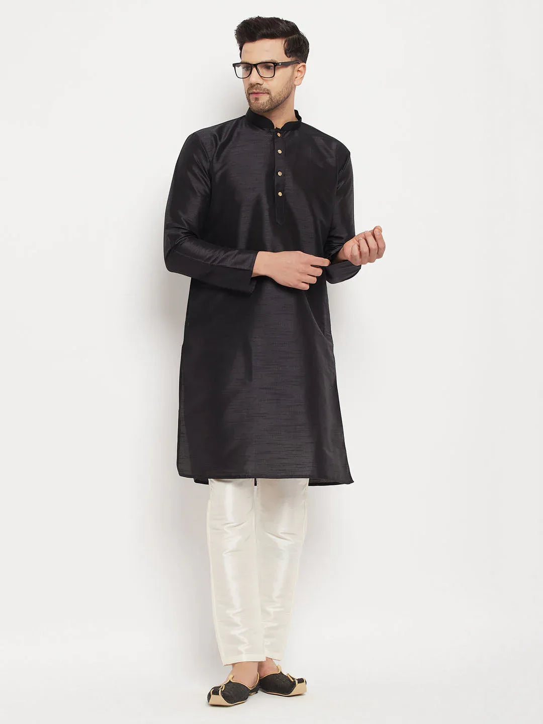 Men's Black Silk Blend Kurta And Cream Pant Style Pyjama Set