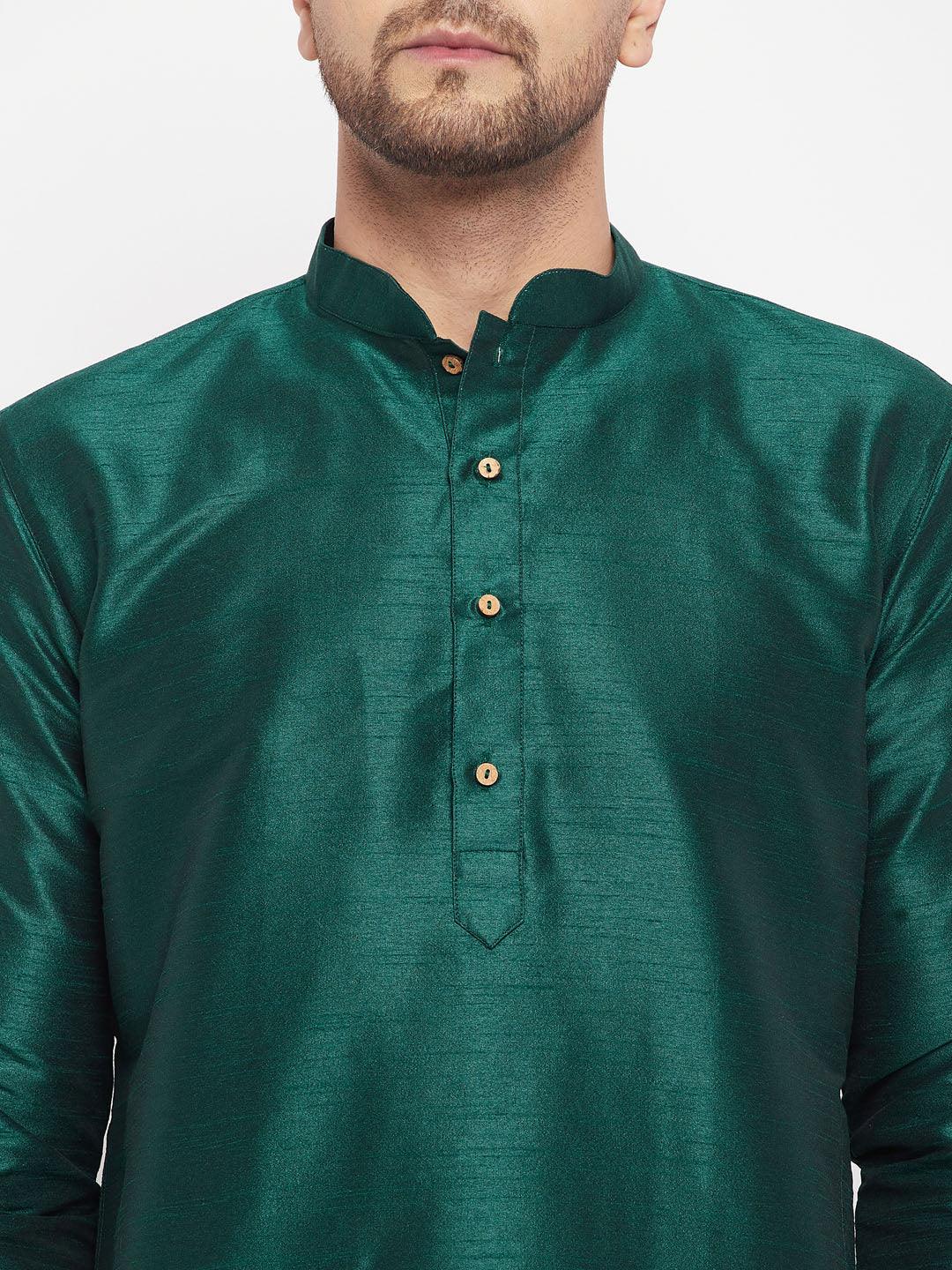 Men's Green Cotton Silk Blend Kurta And Black Pant Style Pyjama Set
