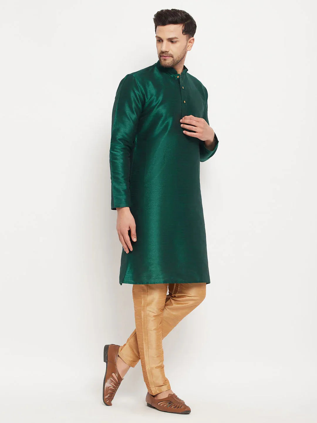 Men's Green Cotton Silk Blend Kurta And Rose Gold Pant Style Pyjama Set