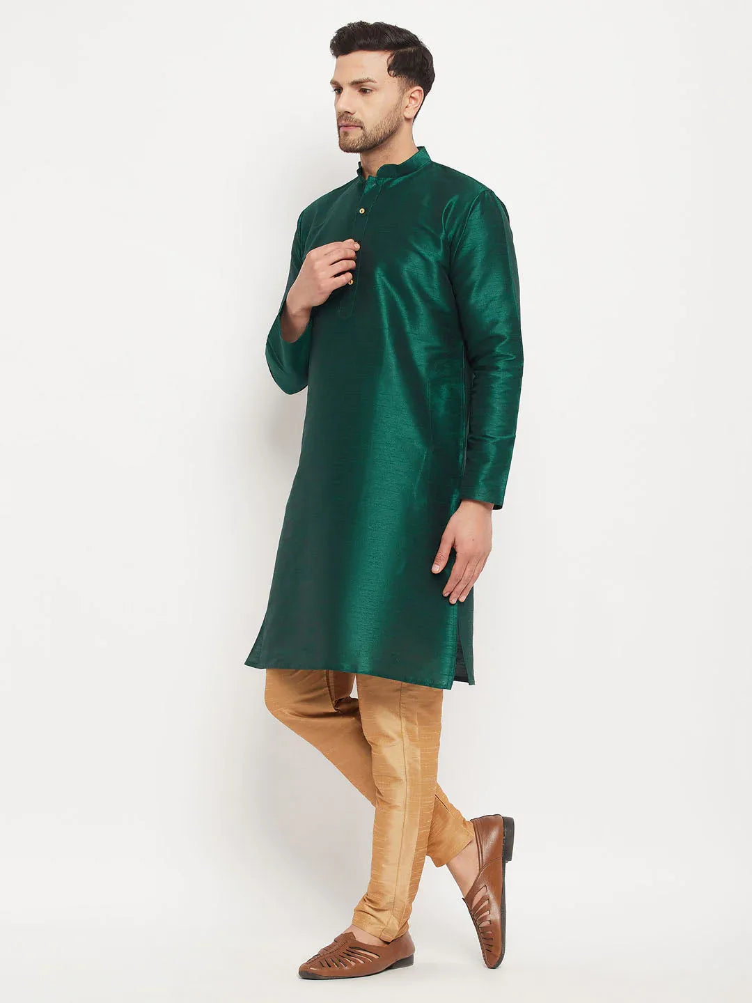 Men's Green Cotton Silk Blend Kurta And Rose Gold Pant Style Pyjama Set
