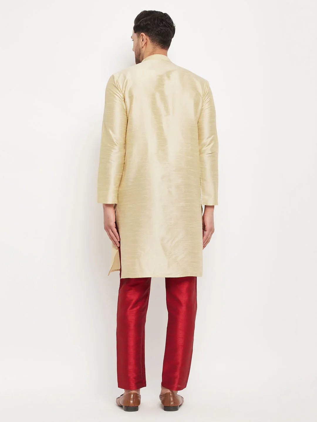 Men's Gold Cotton Silk Blend Kurta And Maroon Pant Style Pyjama Set