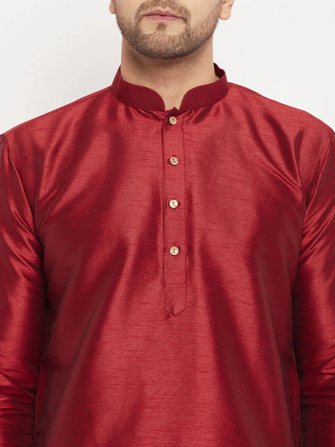 Men's Maroon Silk Blend Kurta And Cream Pant Style Pyjama Set