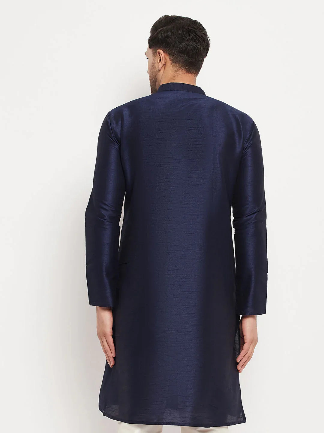 VASTRAMAY Men's Dark Blue Cotton Silk Blend Kurta
