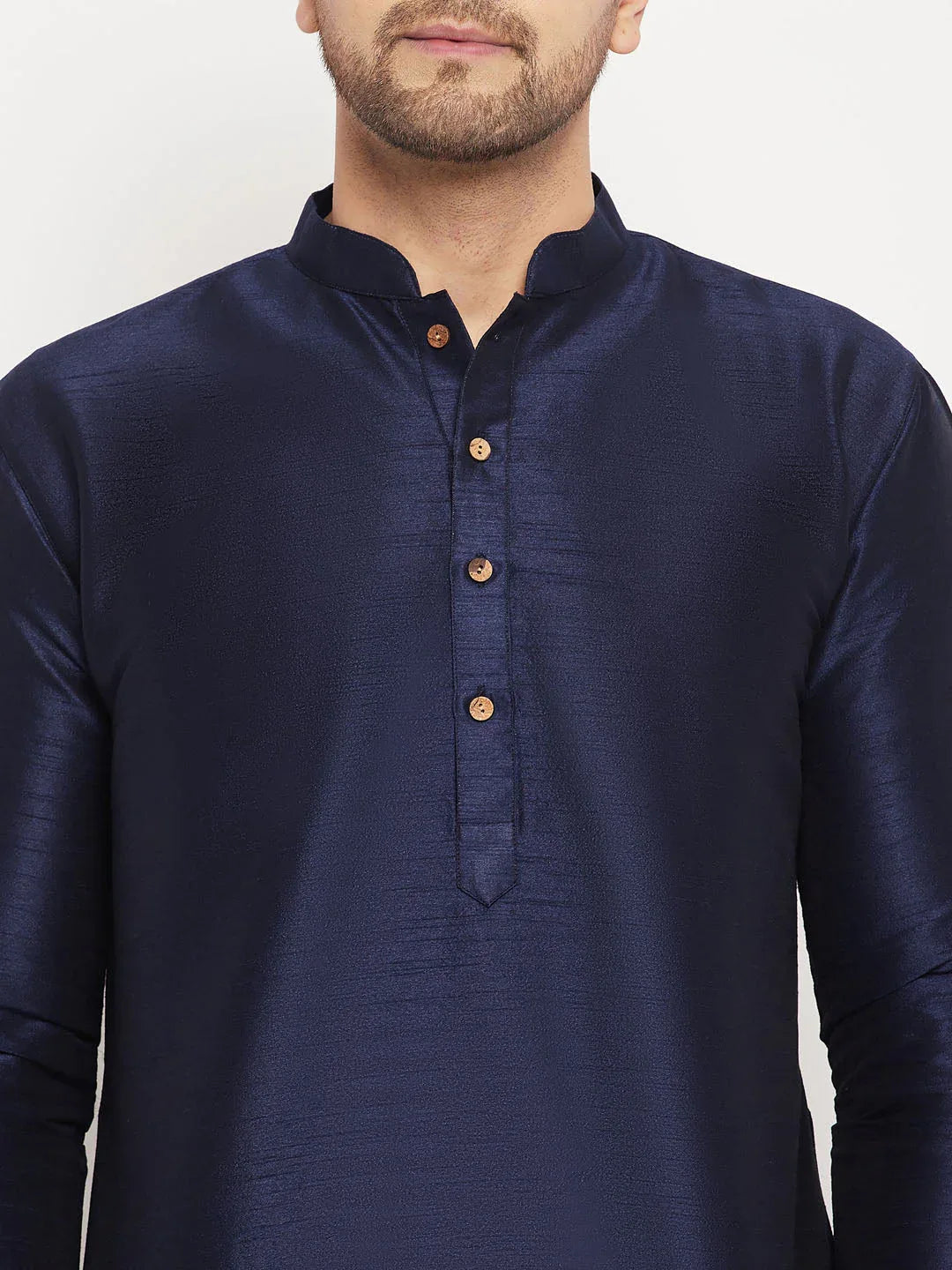 VASTRAMAY Men's Dark Blue Cotton Silk Blend Kurta