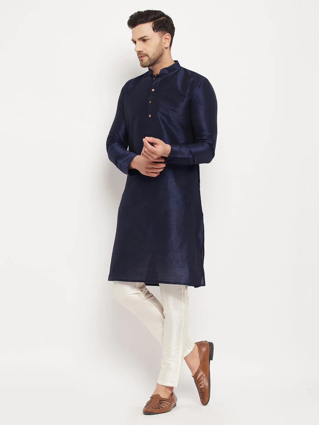 Men's Navy Blue Silk Blend Kurta And Cream Pant Style Pyjama Set