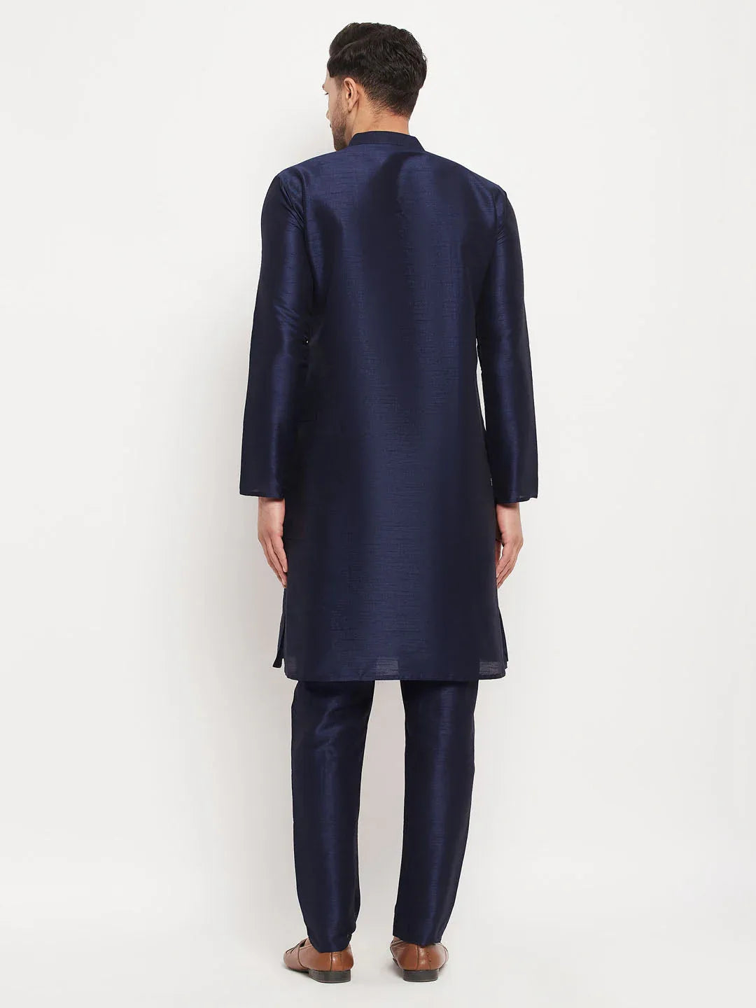 Men's Navy Blue Silk Blend Kurta And Navy Blue Pant Style Pyjama Set