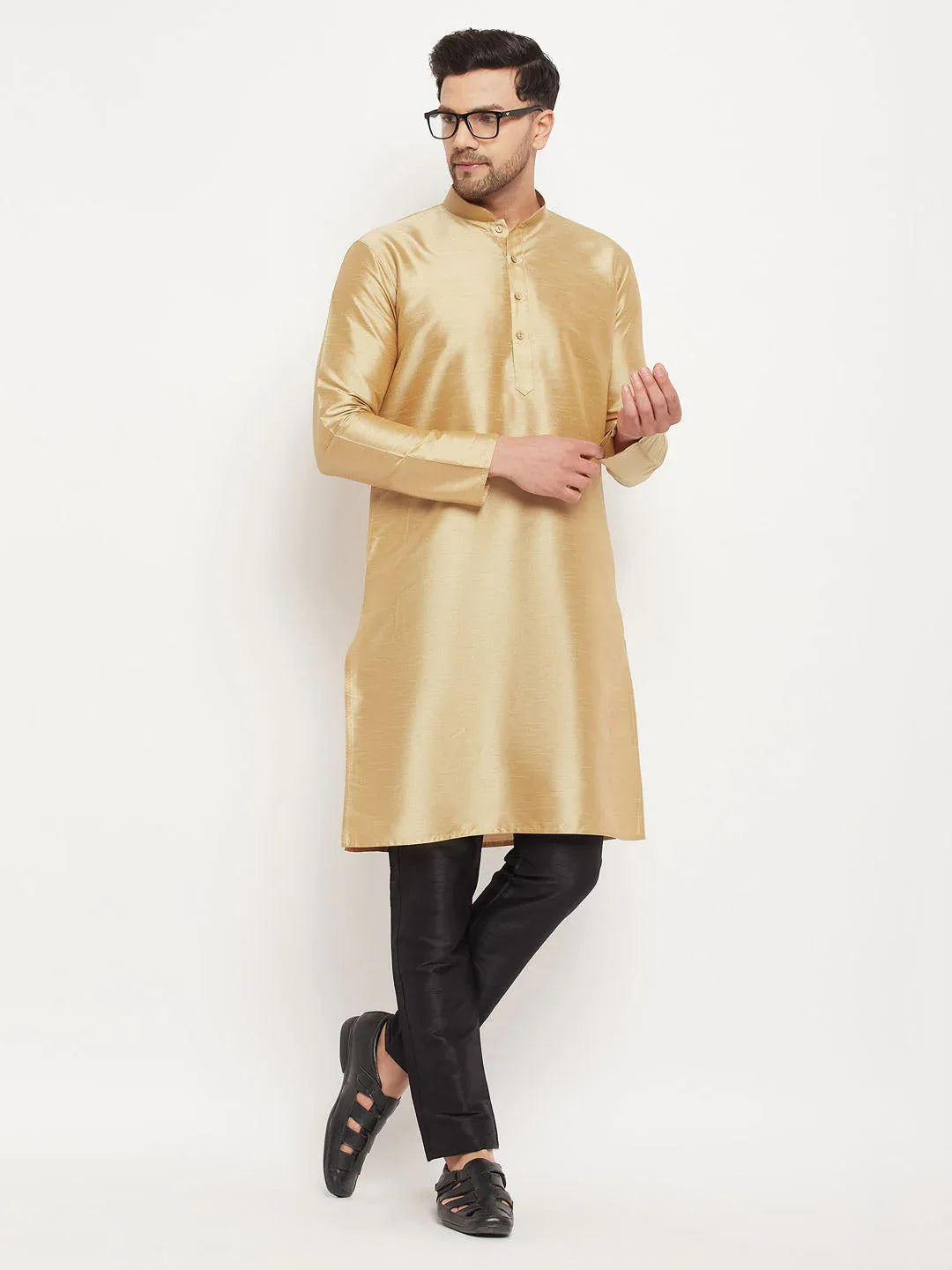 Men's Rose Gold Silk Blend Kurta And Black Pant Style Pyjama Set
