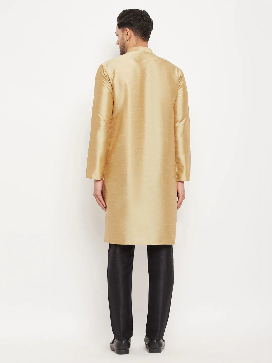Men's Rose Gold Silk Blend Kurta And Black Pant Style Pyjama Set