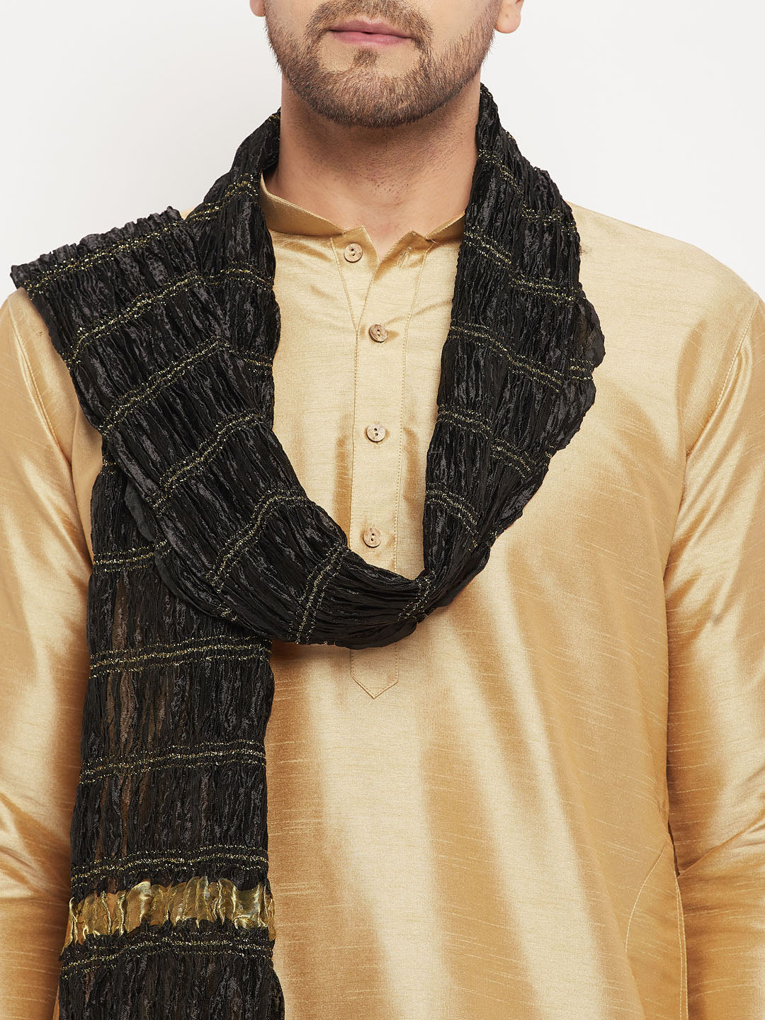 Men's Rose Gold And Black Silk Blend Kurta, Pyjama & Dupatta Set