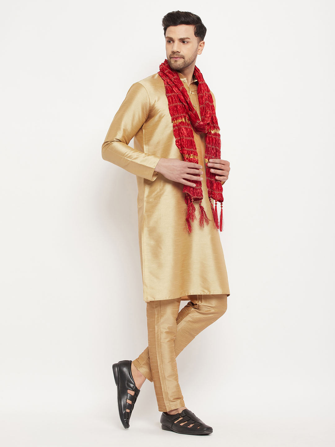 Men's Rose Gold And Maroon Silk Blend Kurta, Pyjama & Dupatta Set