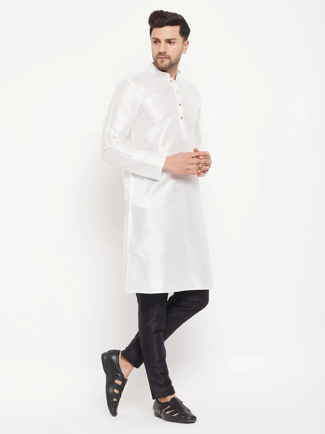 Men's White Cotton Silk Blend Kurta And Black Pant Style Pyjama Set