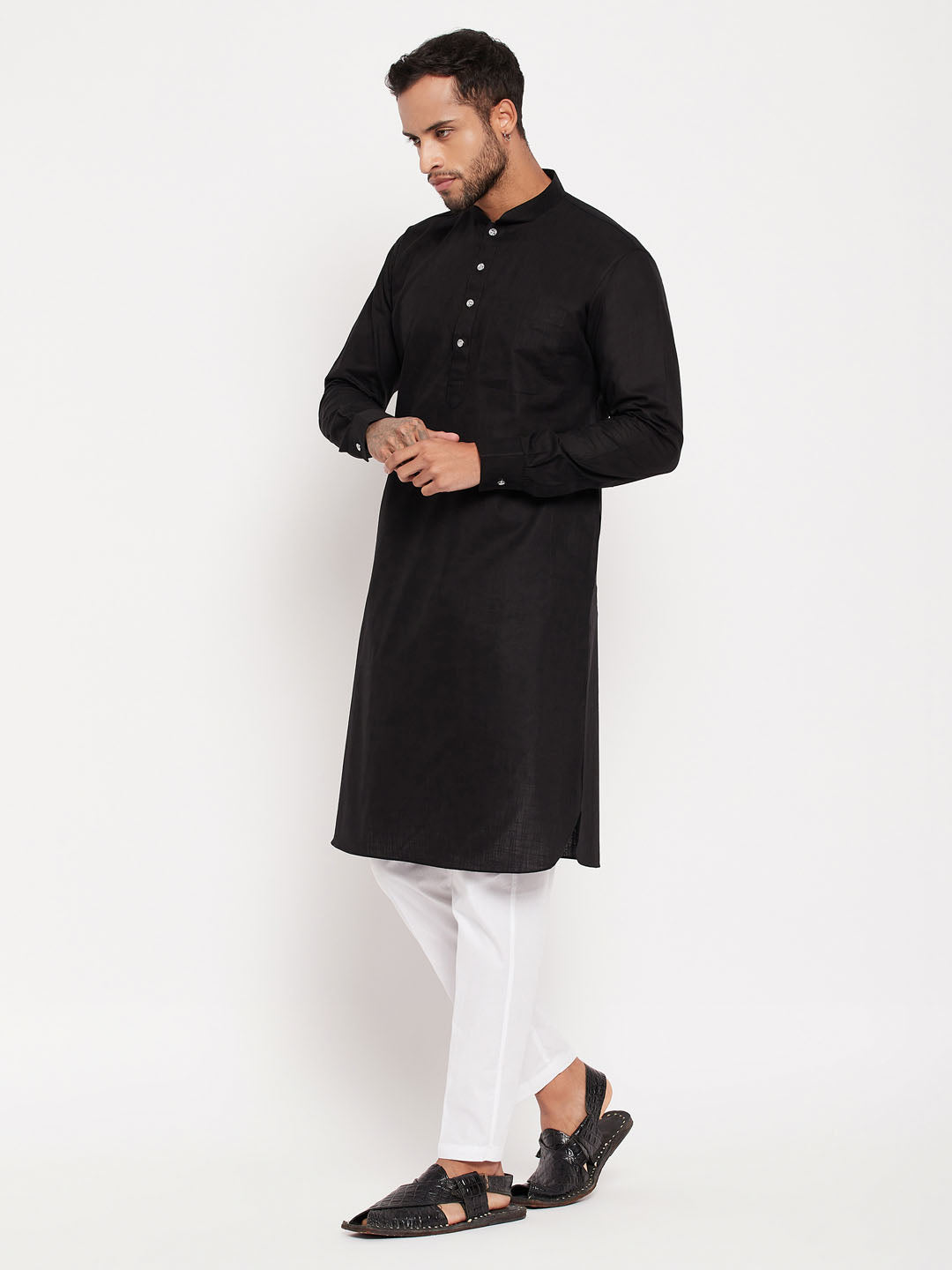 Men's Black And White Cotton Blend Pathani Suit With White Pant Set