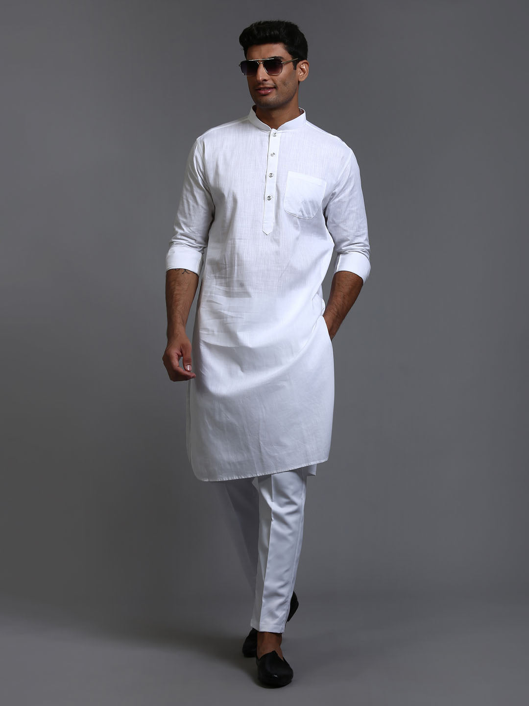 Men's White Cotton Blend Pathani Kurta With Pant Set