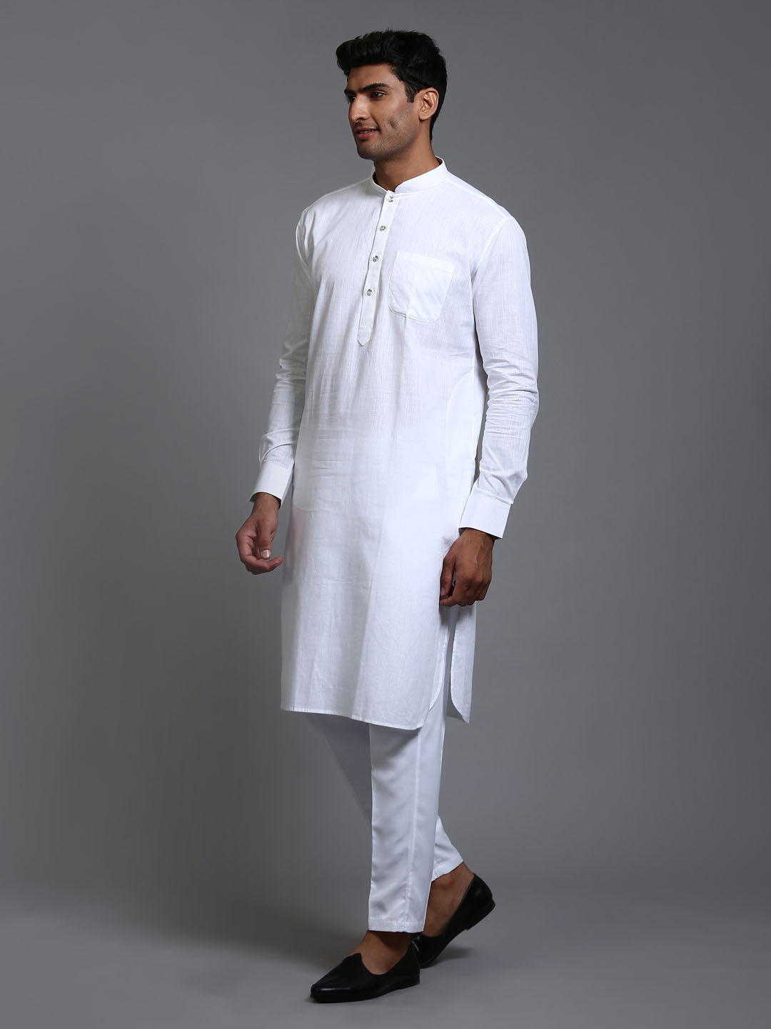 Men's White Cotton Blend Pathani Kurta With Pant Set