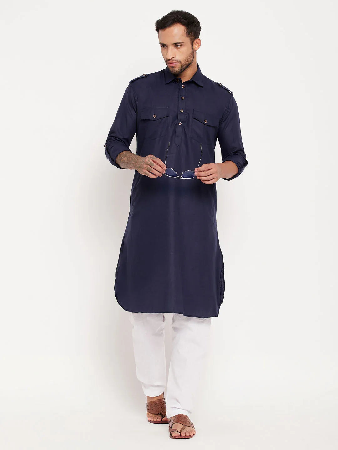 Men's Blue And White Cotton Blend Pathani Suit Set