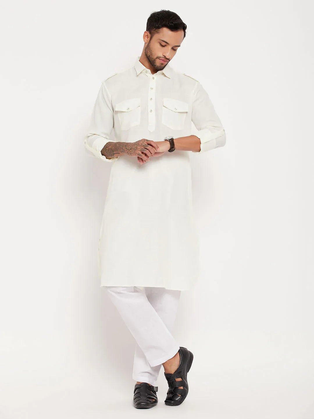 Men's Cream And White Cotton Blend Pathani Suit Set
