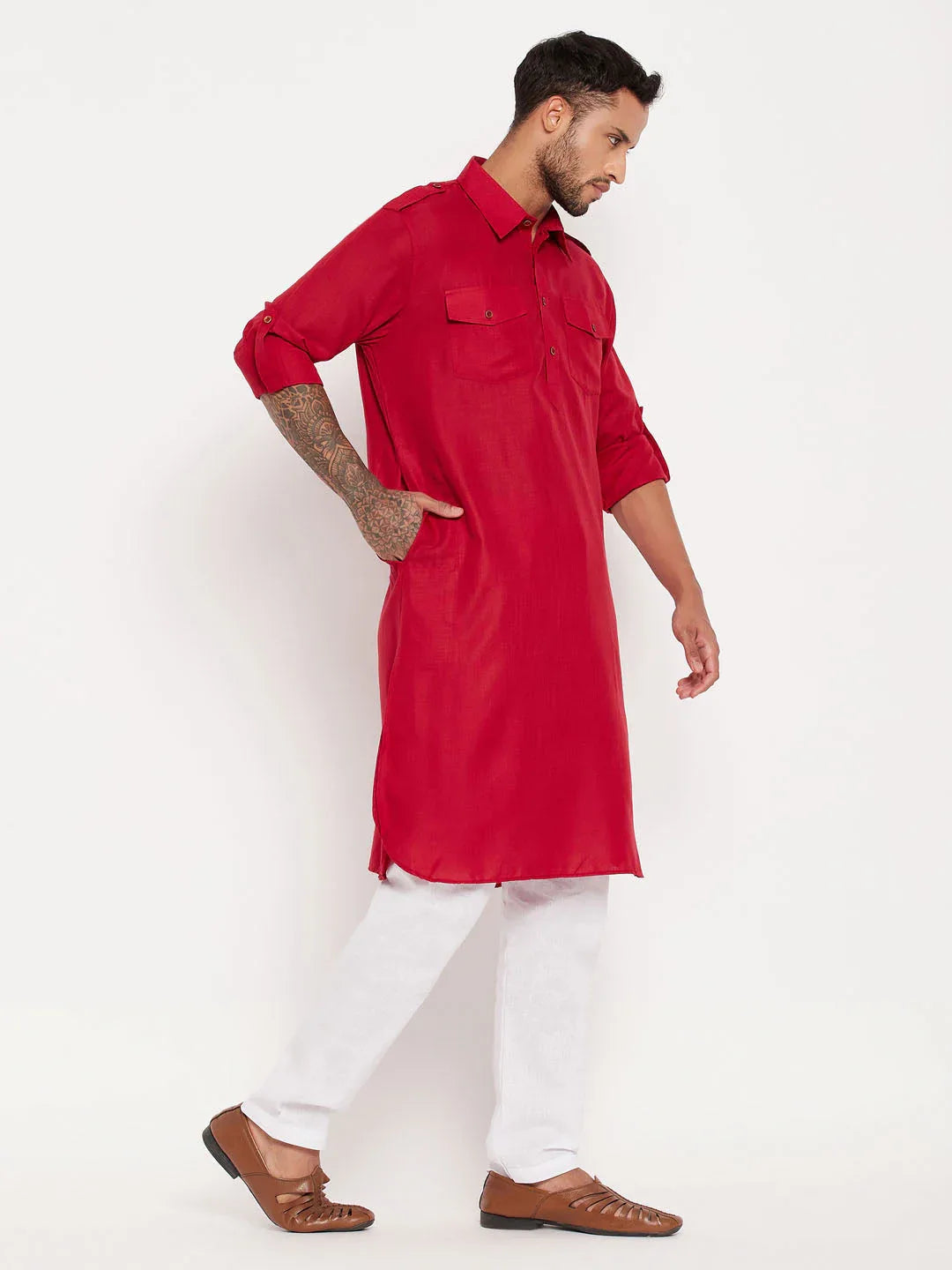Men's Maroon And White Cotton Blend Pathani Suit Set