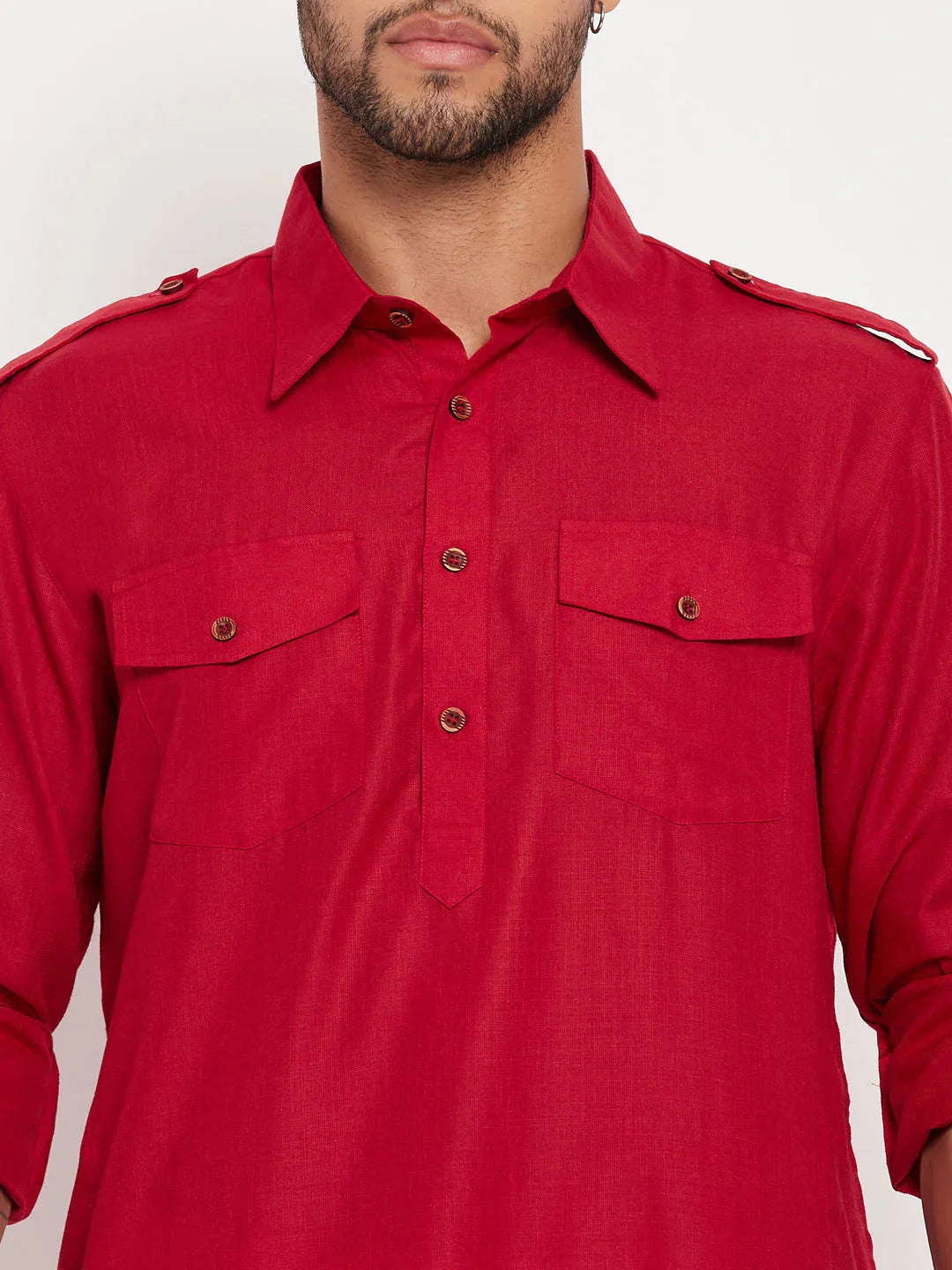 Men's Maroon And White Cotton Blend Pathani Suit Set