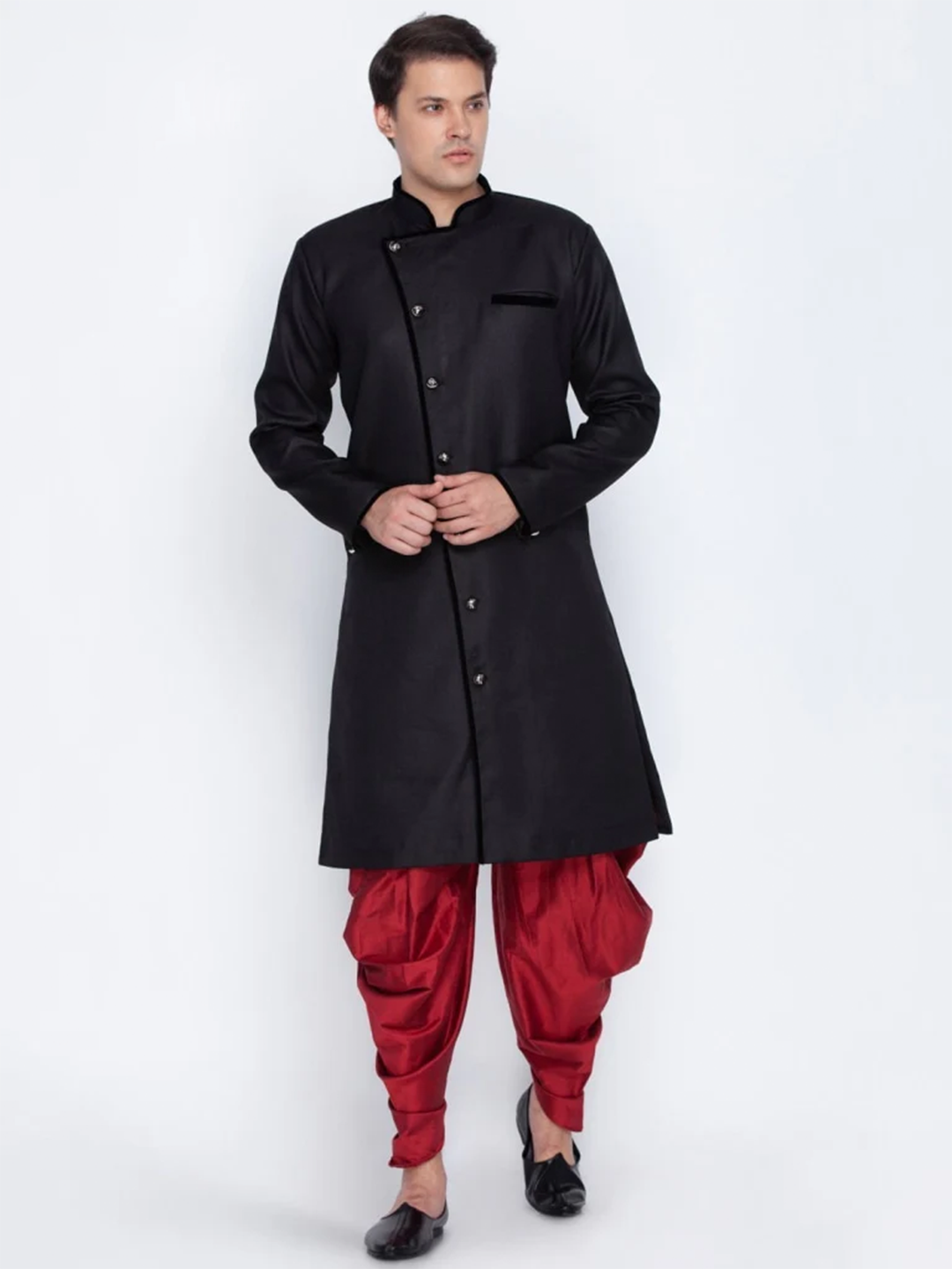VASTRAMAY Men's Black Cotton Blend Sherwani Set