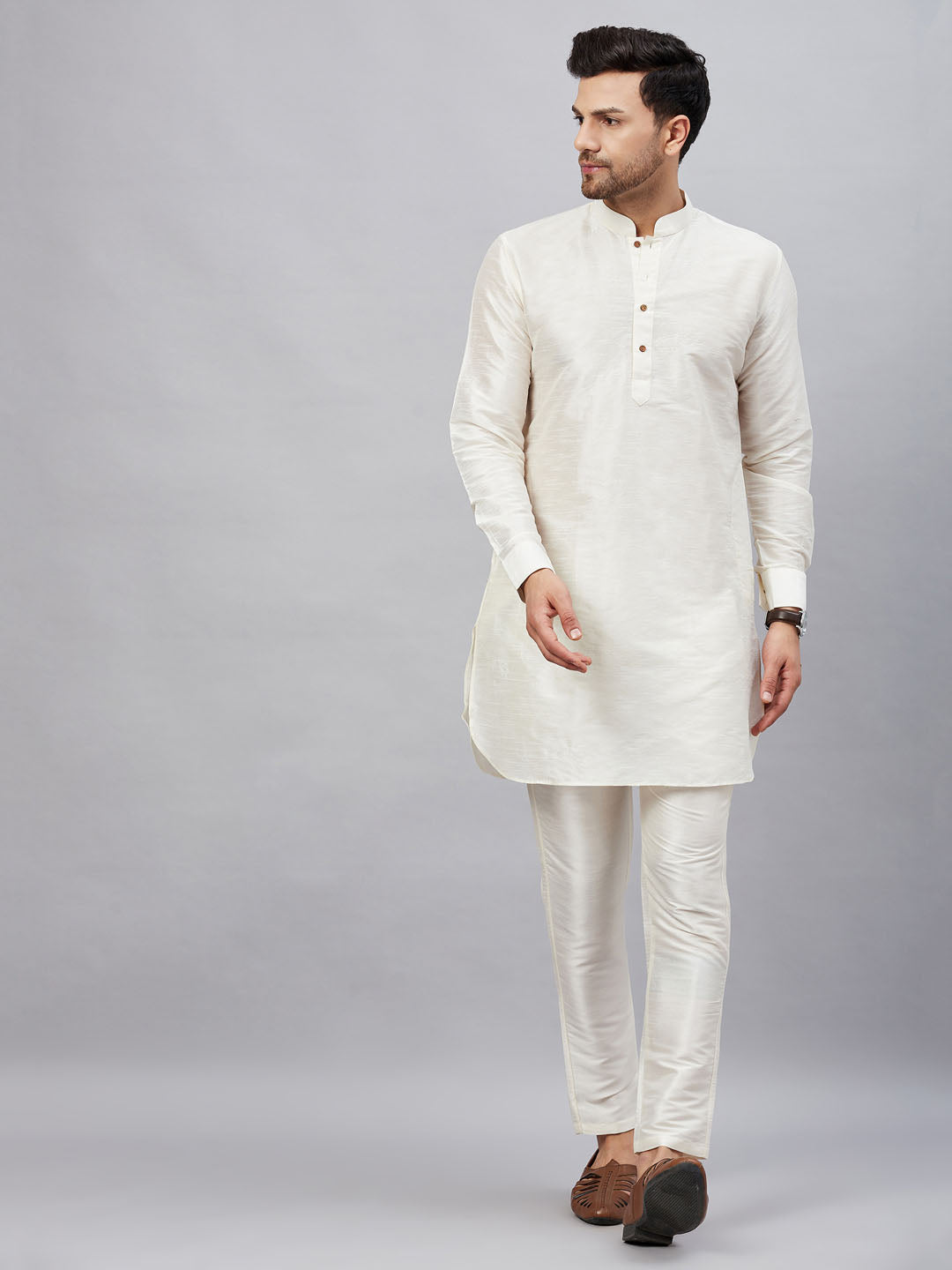 Men's Cream Silk Blend Curved Kurta Pant Set