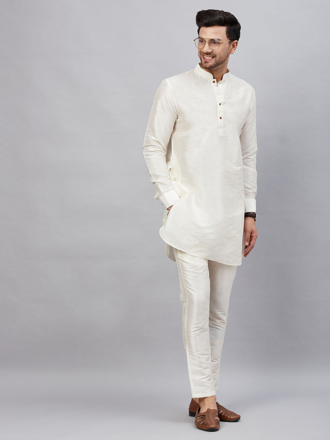 Men's Cream Silk Blend Curved Kurta Pant Set