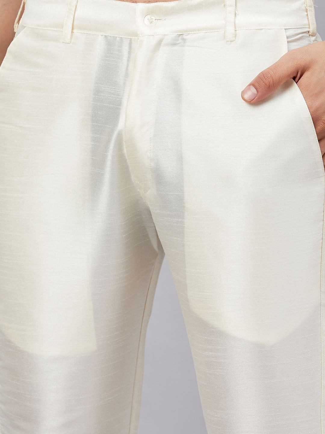 Men's Cream Silk Blend Curved Kurta Pant Set