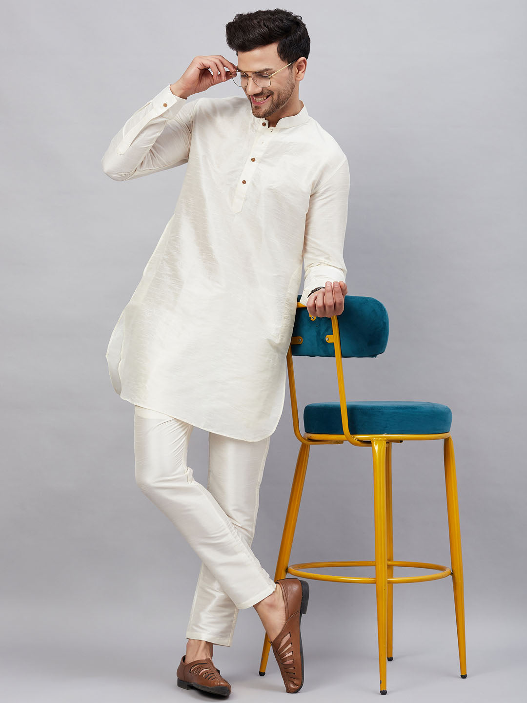 Men's Cream Silk Blend Curved Kurta Pant Set