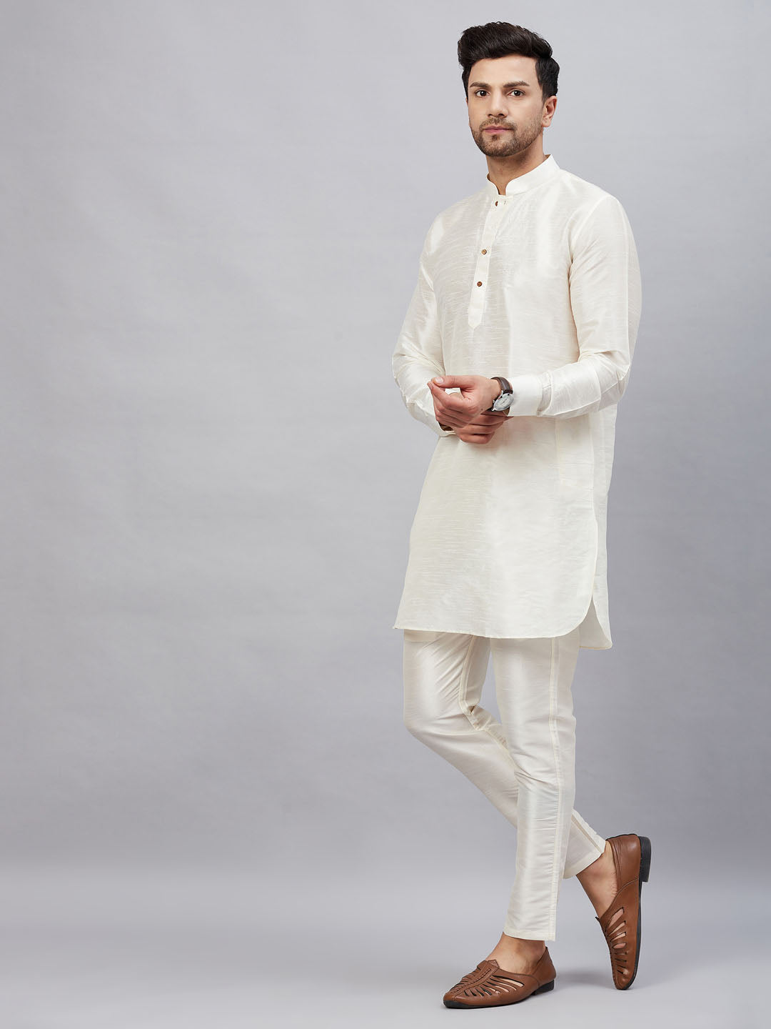 Men's Cream Silk Blend Curved Kurta Pant Set