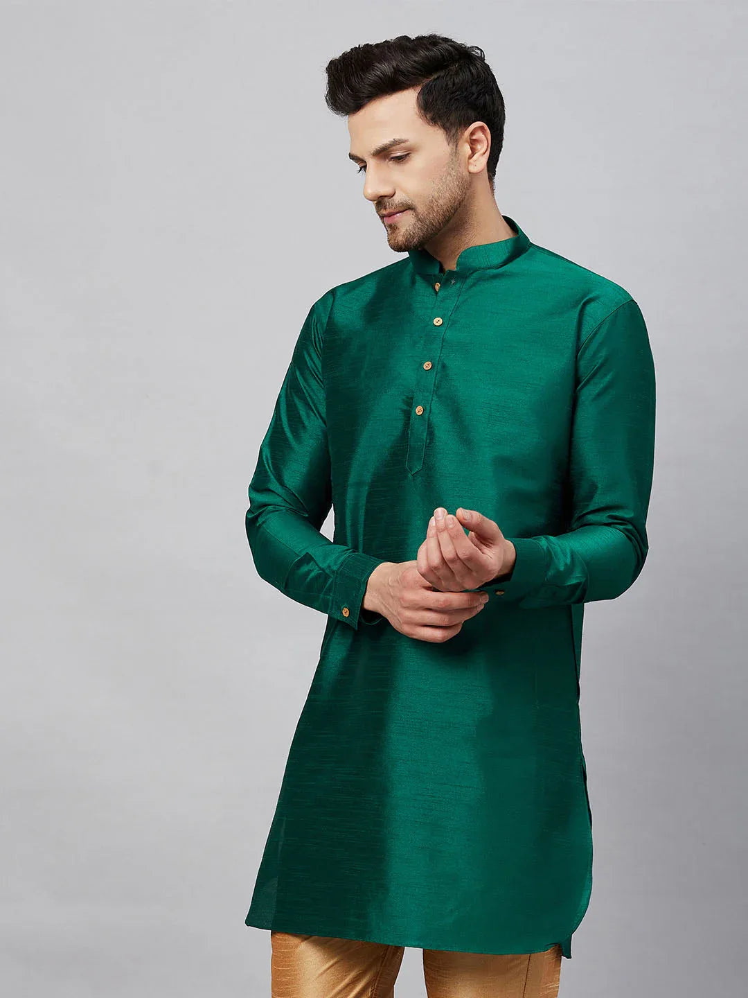 VASTRAMAY Men's Green Silk Blend Curved Kurta