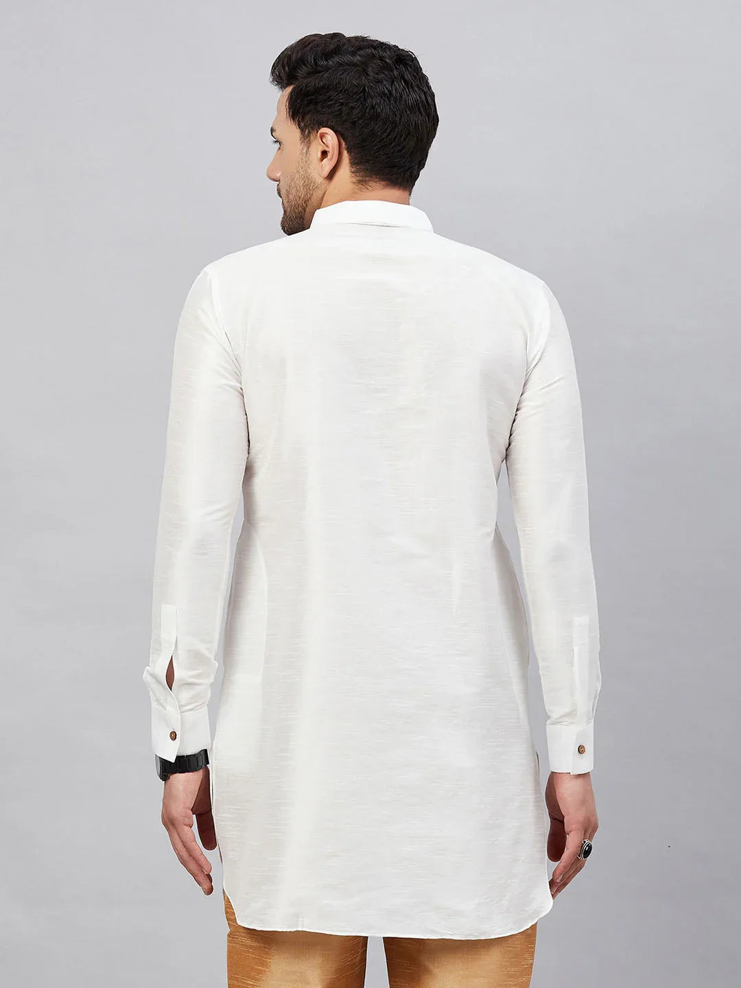 Men's White Silk Blend Curved Kurta