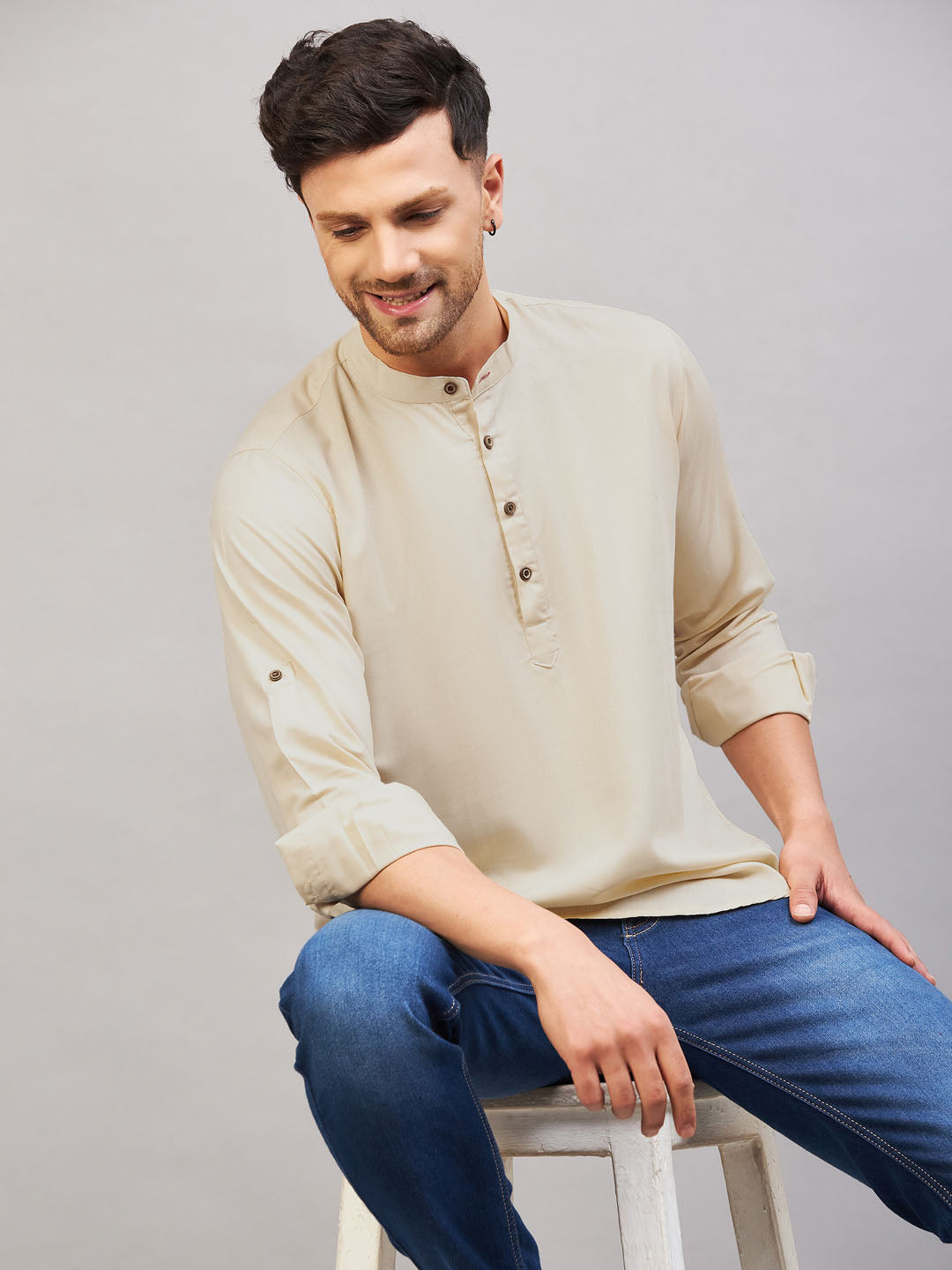 Men's Light Green Short Cotton Kurta