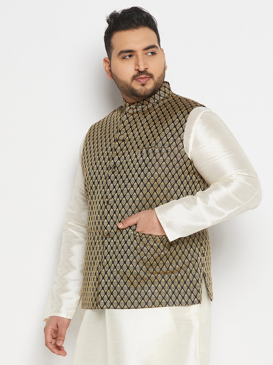 Men's Plus Size Black And Gold Jacquard Nehru Jacket