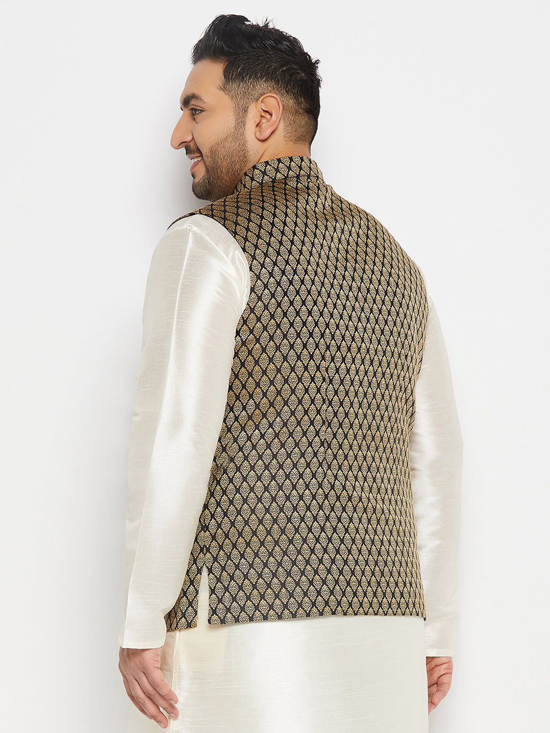 Men's Plus Size Black And Gold Jacquard Nehru Jacket
