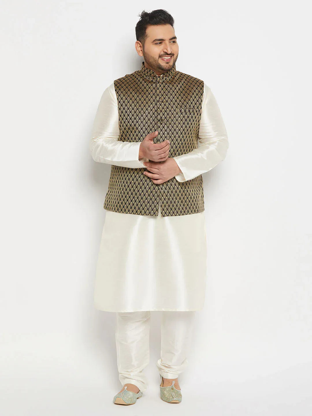 Men's Plus Size Black And Gold Jacquard Nehru Jacket
