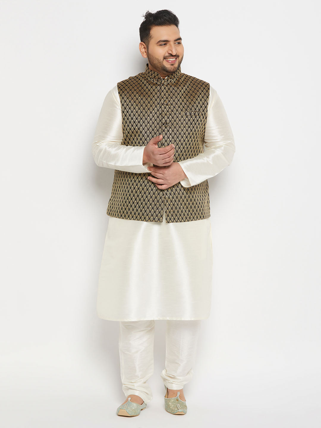Men's Plus Size Black Ethnic Jacket With Cream Silk Blend Kurta And Pant Style Pyjama Set