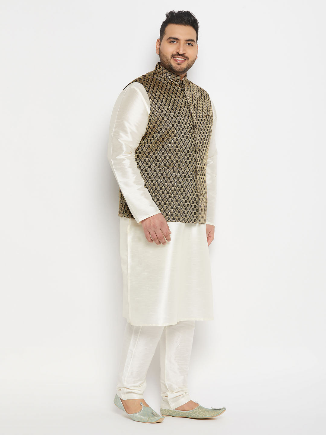 Men's Plus Size Black Ethnic Jacket With Cream Silk Blend Kurta And Pant Style Pyjama Set