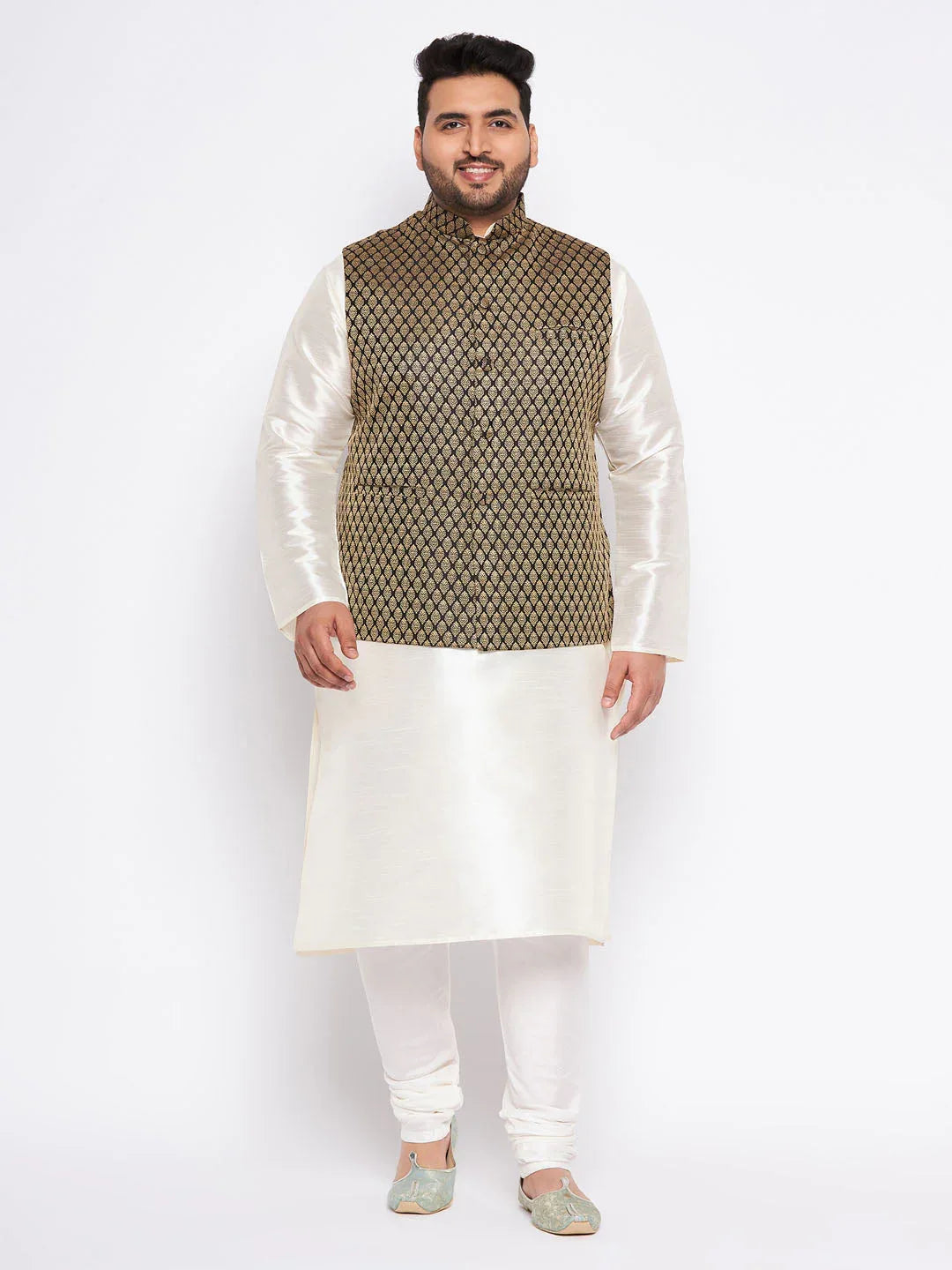 Men's Plus Size Black Ethnic Jacket With Cream Silk Blend Kurta And Pyjama Set