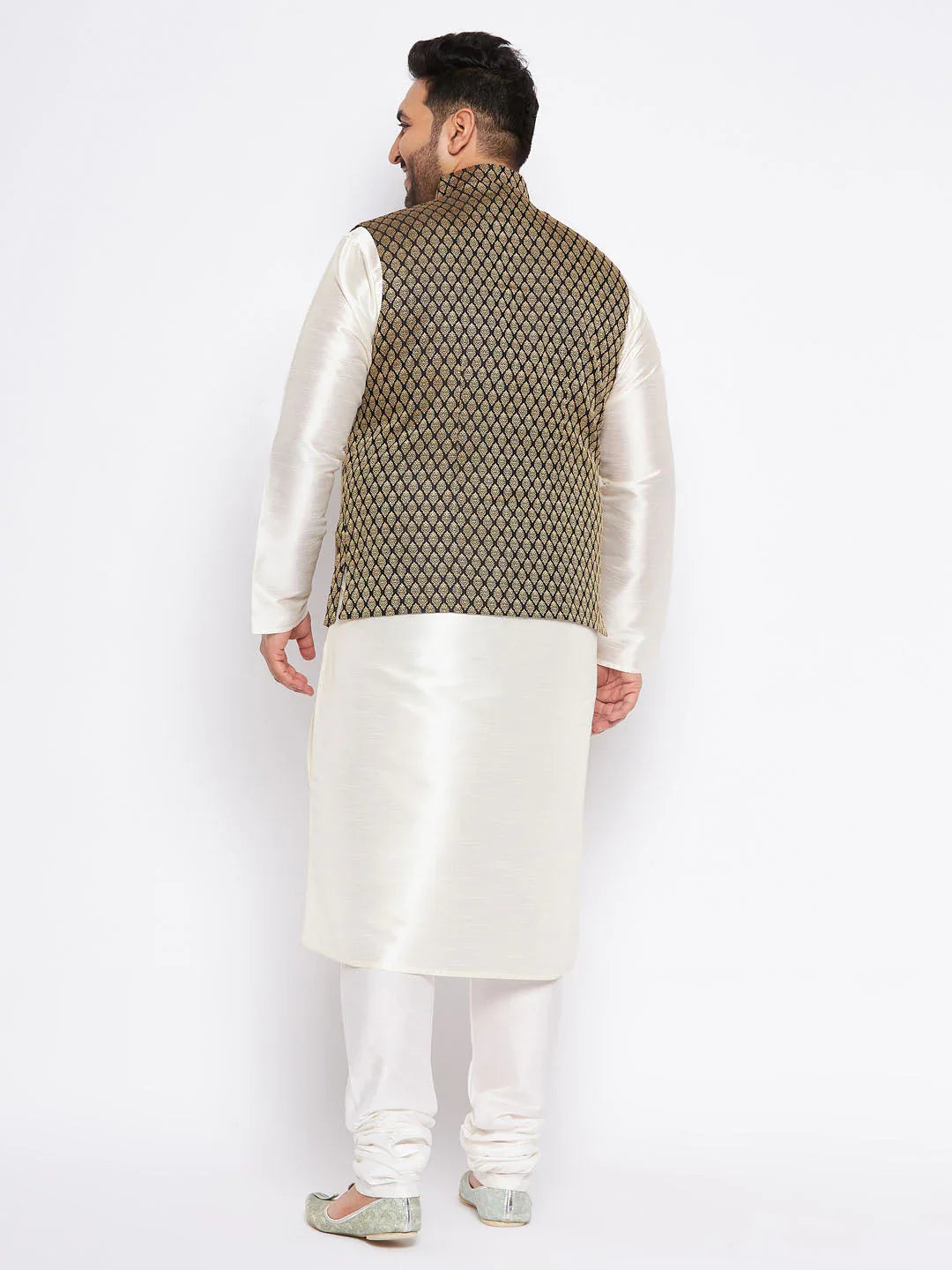 Men's Plus Size Black Ethnic Jacket With Cream Silk Blend Kurta And Pyjama Set