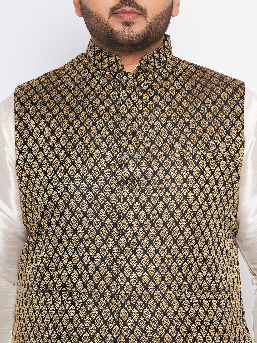 Men's Plus Size Black Ethnic Jacket With Cream Silk Blend Kurta And Pyjama Set